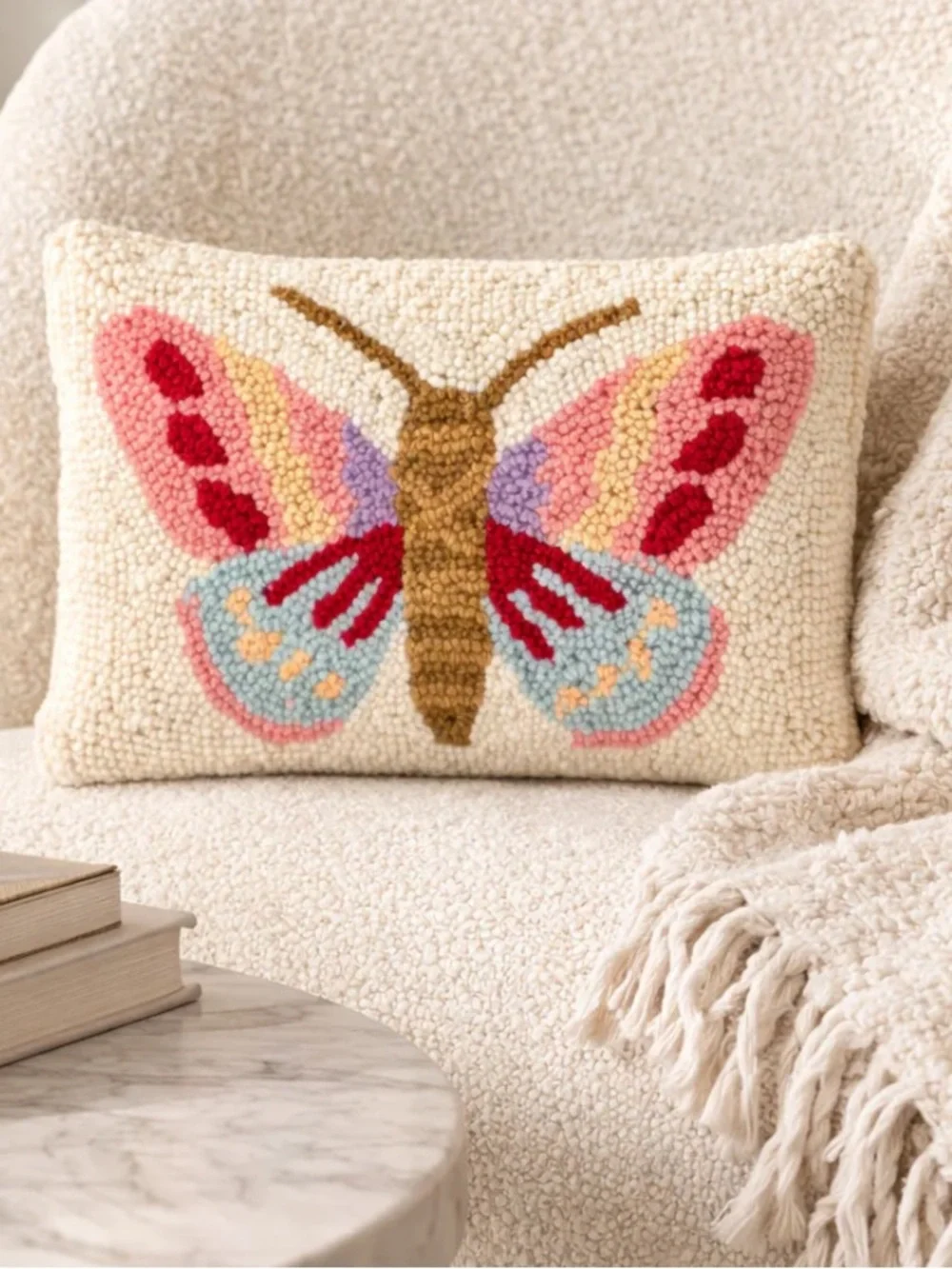 Butterfly Wool Hooked Throw Pillow Velvet Back